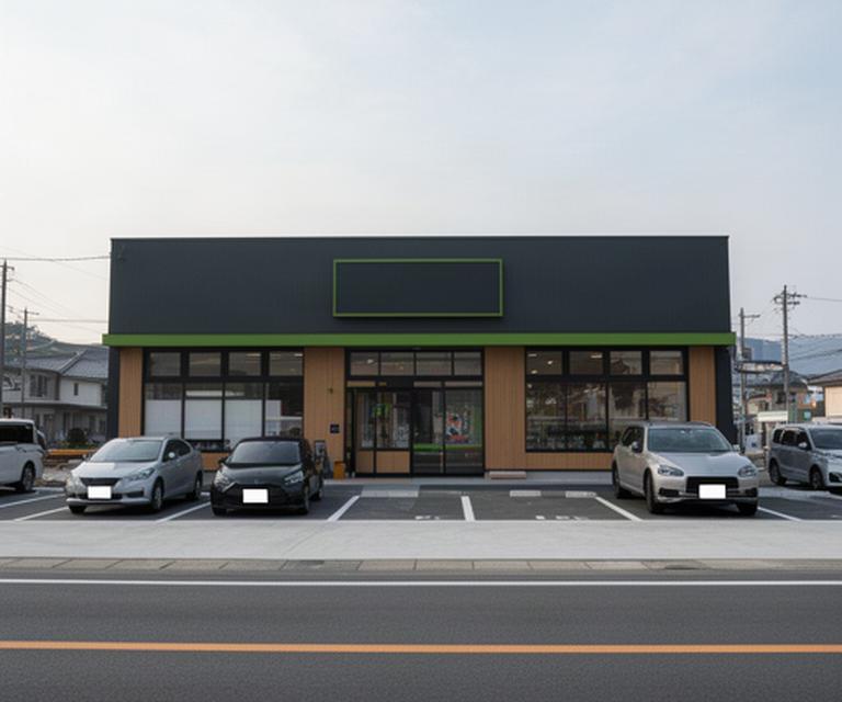 国道199号線沿いにある野球用品店の外観と駐車場